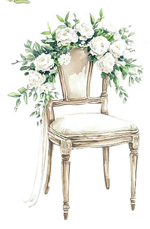 Watercolor of a vintage chair dressed with white roses