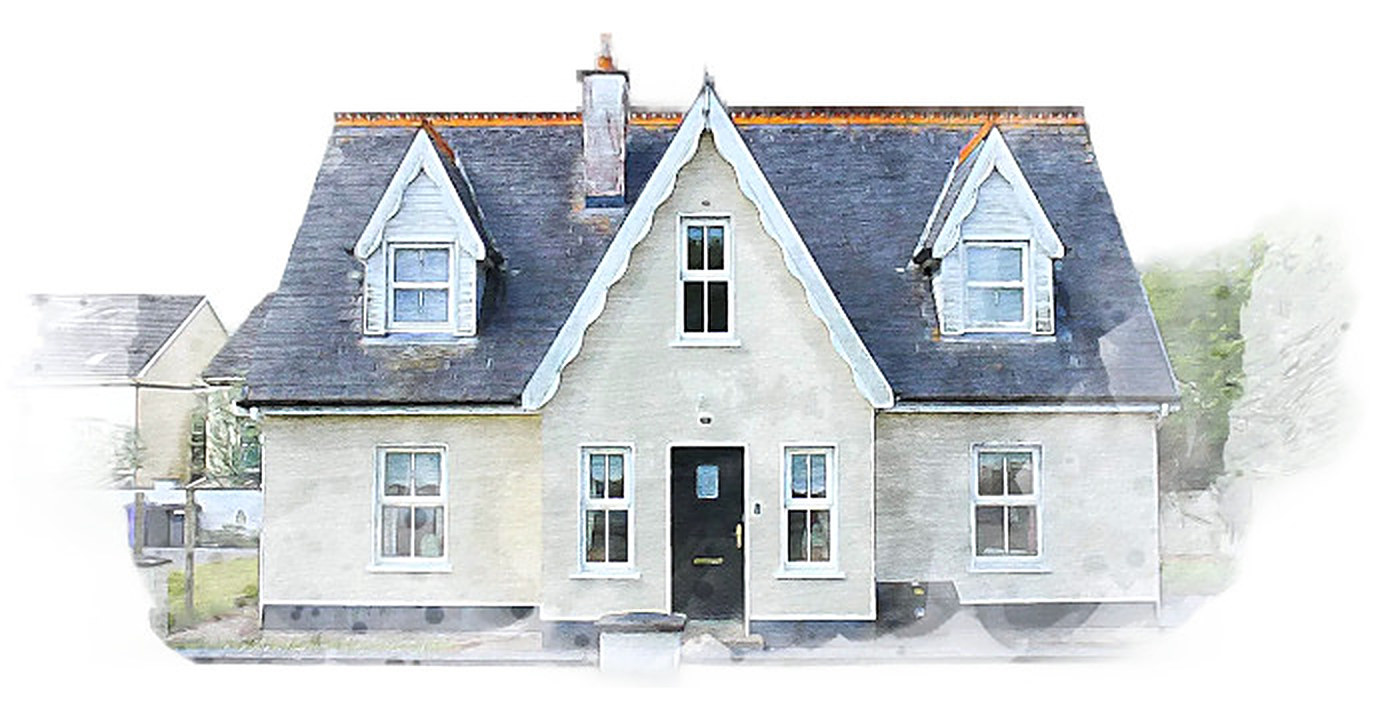 Watercolor of a white cottage with a slate roof and dormer windows