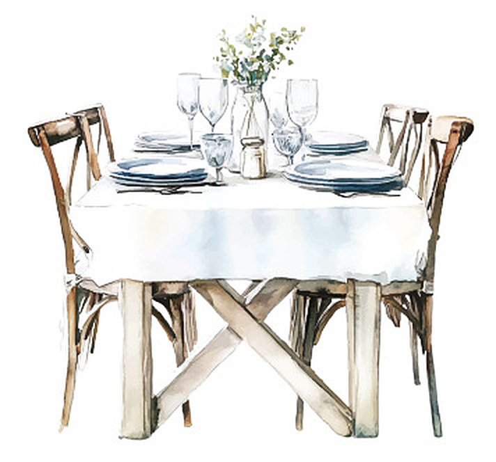 Watercolor of a dinner table set with glassware and wildflowers
