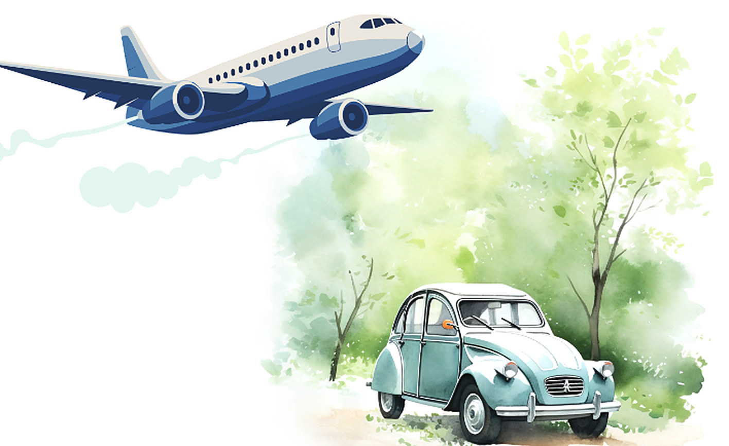 Watercolor of an airplane in flight above a vintage blue car among trees